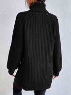 Women Ribbed Knit Turtleneck Sweater Side Slit