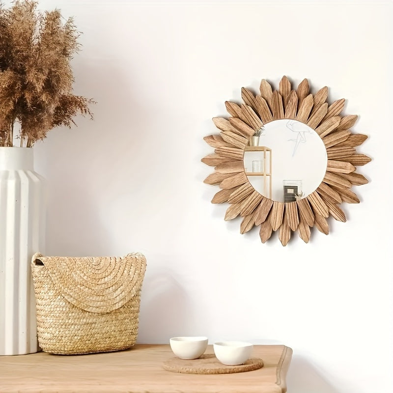 Edith | Bohemian Wall Mirror | Sunflower Wood Decor, Round Boho Mirror