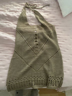 Beach Cover Up Dress Women Knitted Short Hollow Out Tie Up