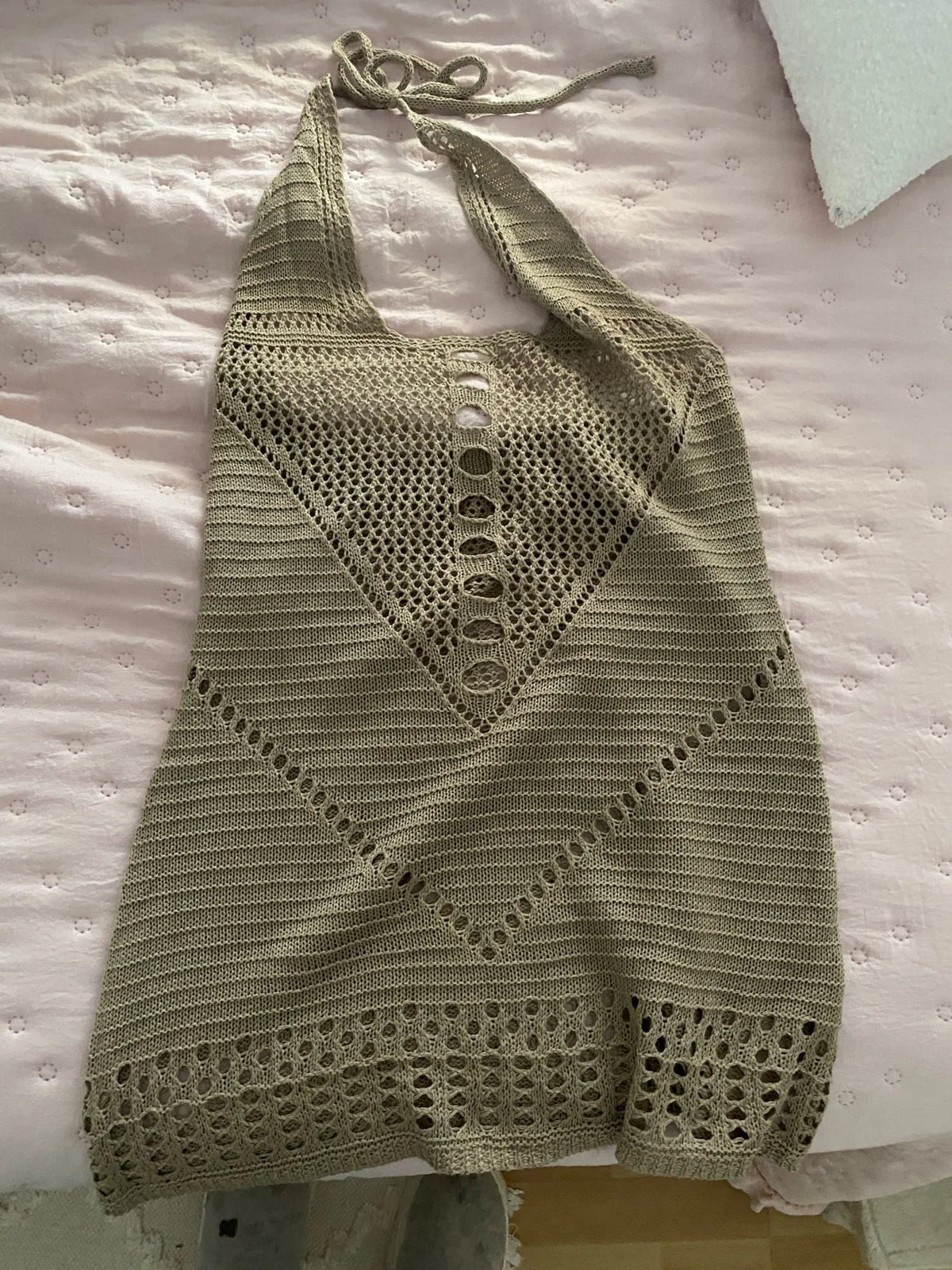 Beach Cover Up Dress Women Knitted Short Hollow Out Tie Up