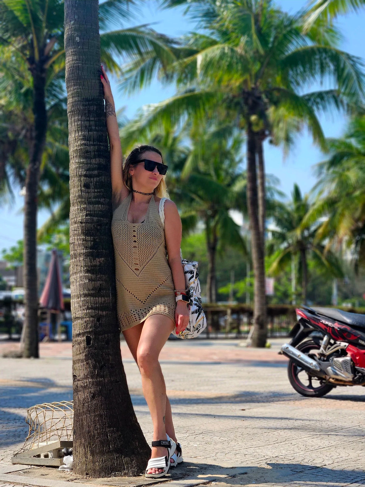 Beach Cover Up Dress Women Knitted Short Hollow Out Tie Up