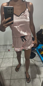 Satin Pajamas Women Short 2 Piece Set Sleeveless Top Ruffle Trim