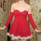Christmas Party Dress Women Sexy Low Cut Feather Trim Sleeveless Mini