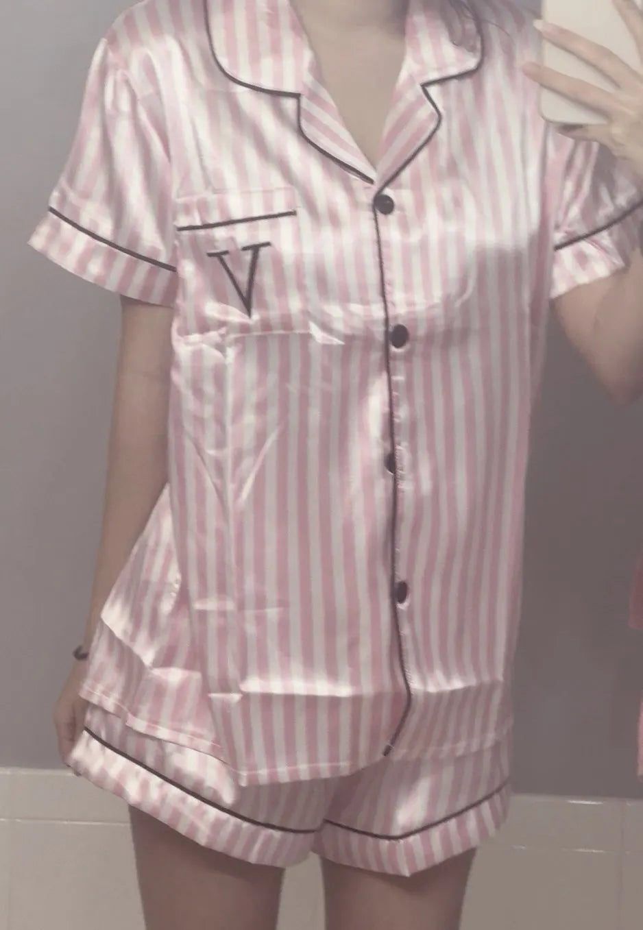 Satin Pajamas Women Short Sleeve 2 Piece Set Striped Embroidered