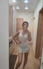 Beach Cover Up Dress Women Knitted Short Hollow Out Tie Up
