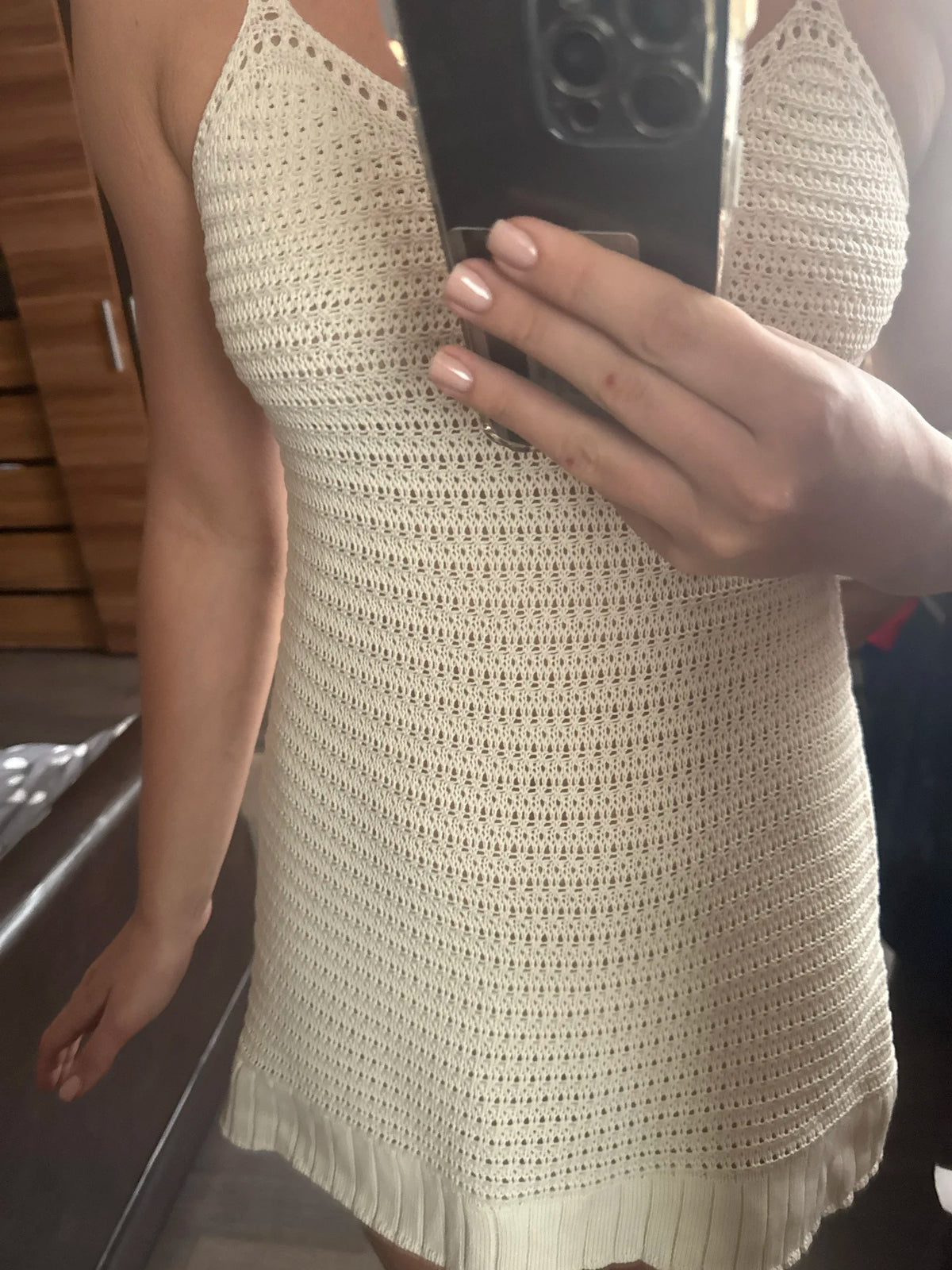 Beach Cover Up Dress Women Crochet Knit Halter Ruffle Mini Beige