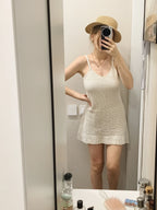 Beach Cover Up Dress Women Crochet Knit Halter Ruffle Mini Beige