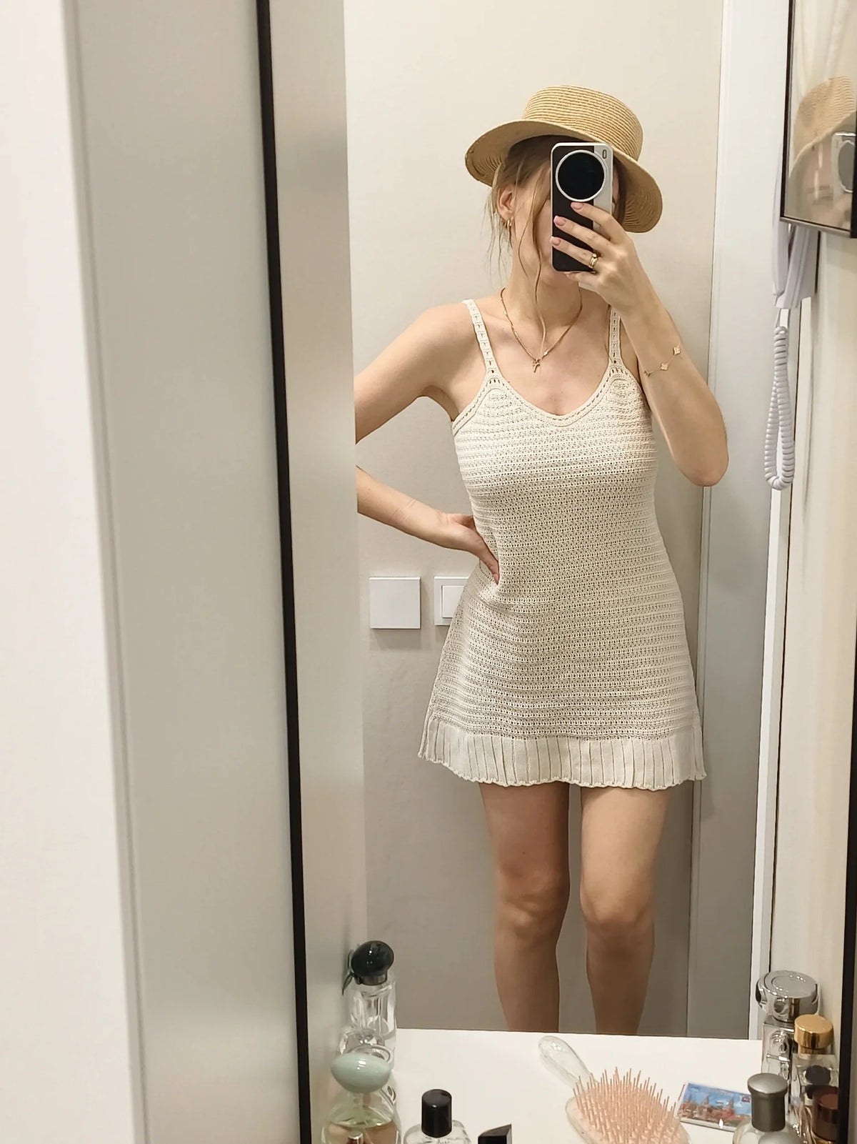 Beach Cover Up Dress Women Crochet Knit Halter Ruffle Mini Beige