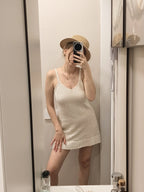 Beach Cover Up Dress Women Crochet Knit Halter Ruffle Mini Beige