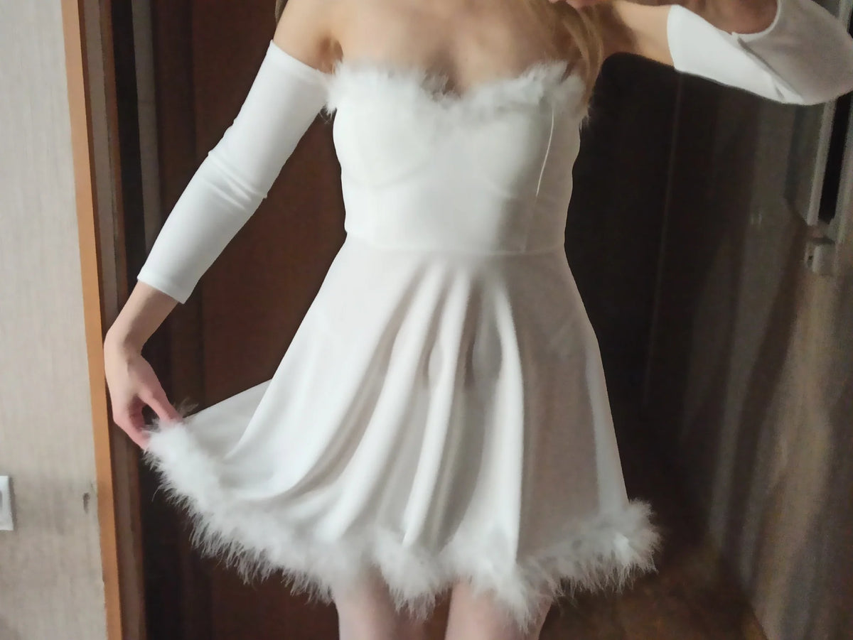 Christmas Party Dress Women Sexy Low Cut Feather Trim Sleeveless Mini