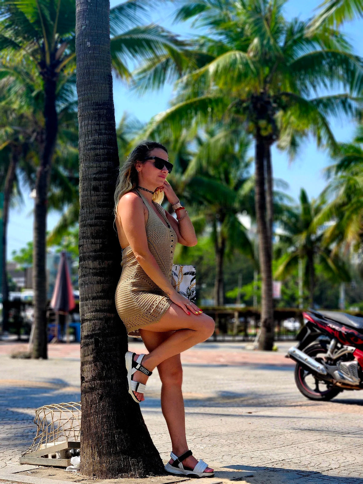 Beach Cover Up Dress Women Knitted Short Hollow Out Tie Up