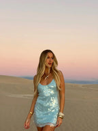 Women Sequin Dress Sleeveless Bodycon Mini High Waist Sparkly