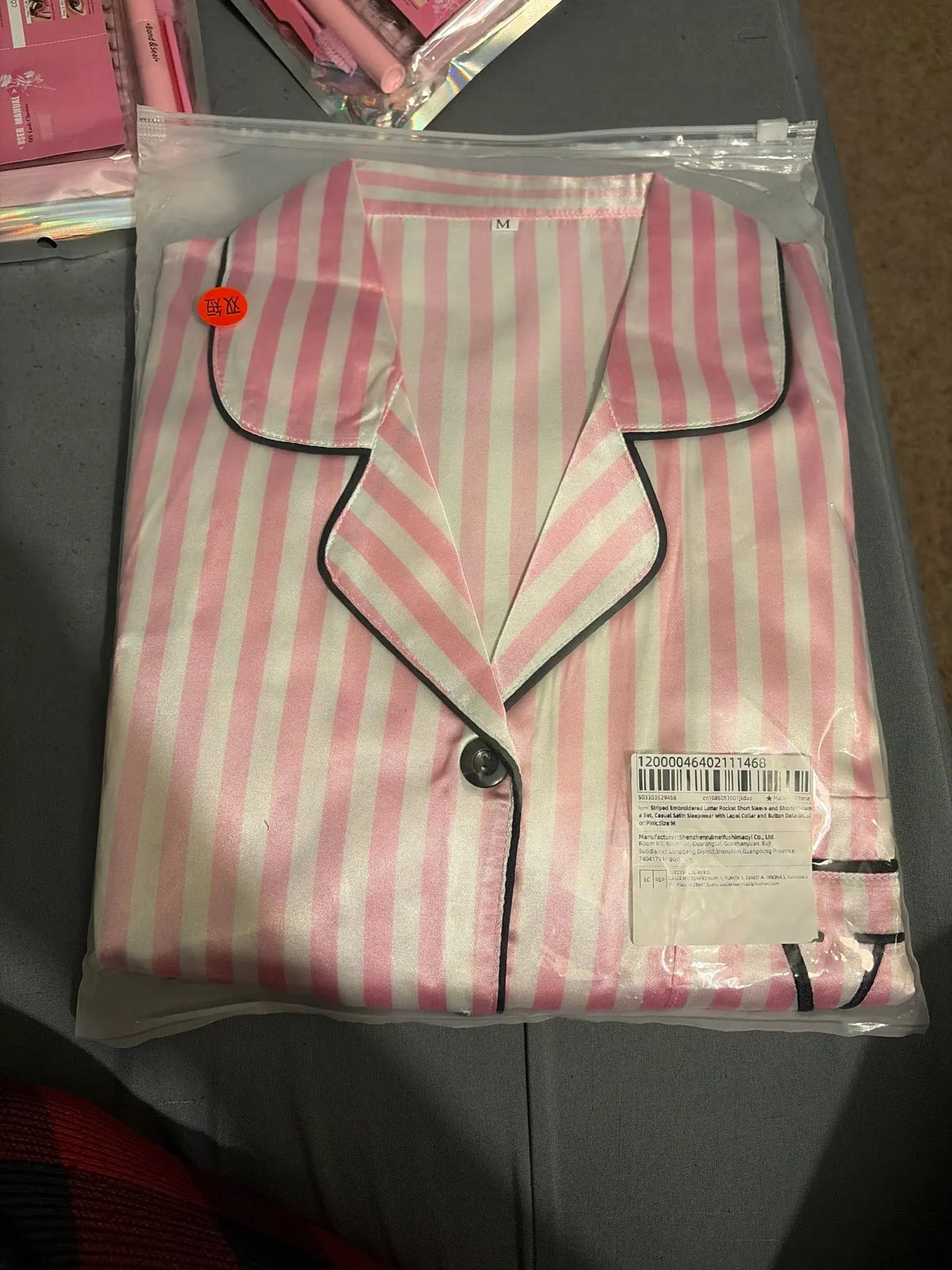Satin Pajamas Women Short Sleeve 2 Piece Set Striped Embroidered