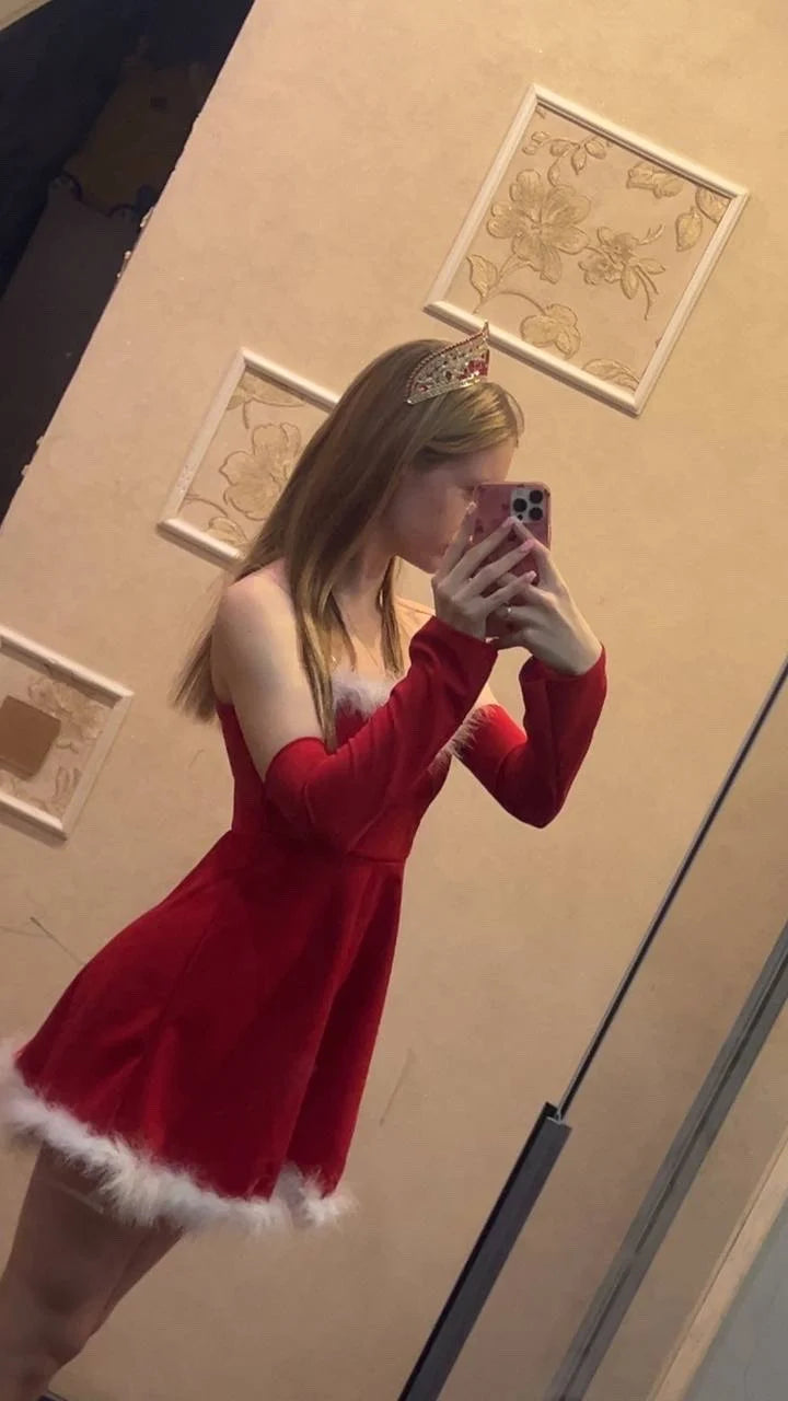 Christmas Party Dress Women Sexy Low Cut Feather Trim Sleeveless Mini