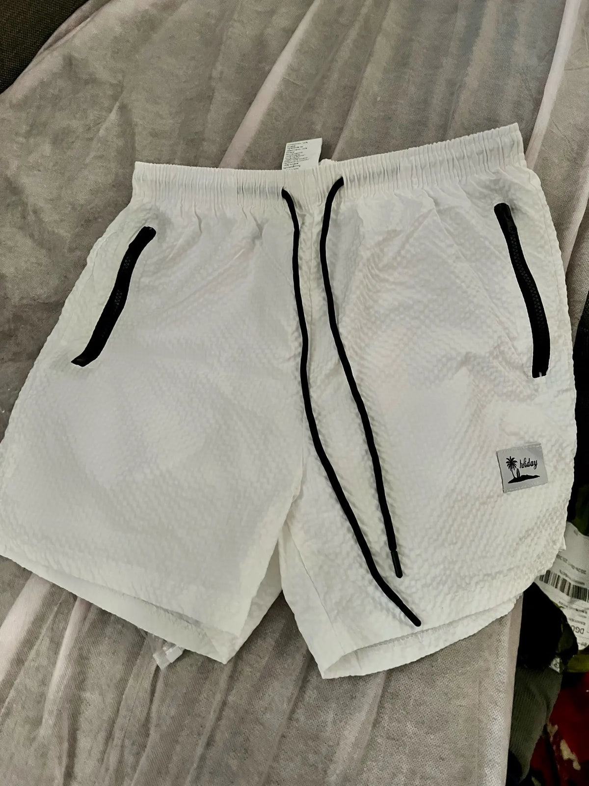 Men Swim Shorts Seersucker Quick Dry Mesh Lined Zipper Pockets