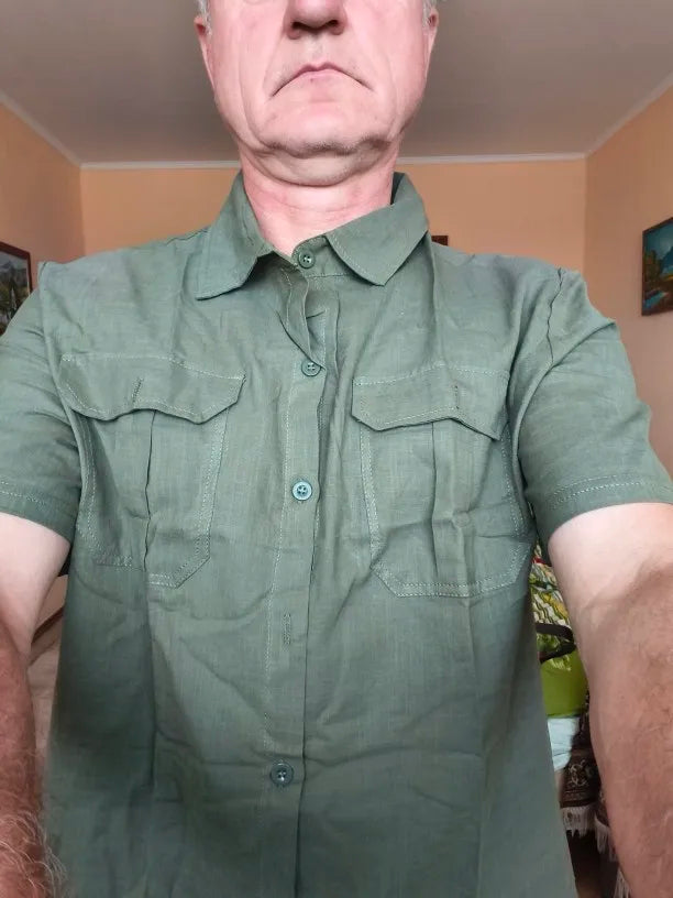 Linen Shirt Men Short Sleeve Casual Plus Size Solid Turn Down Collar