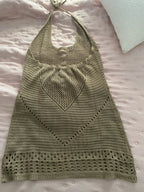 Beach Cover Up Dress Women Knitted Short Hollow Out Tie Up