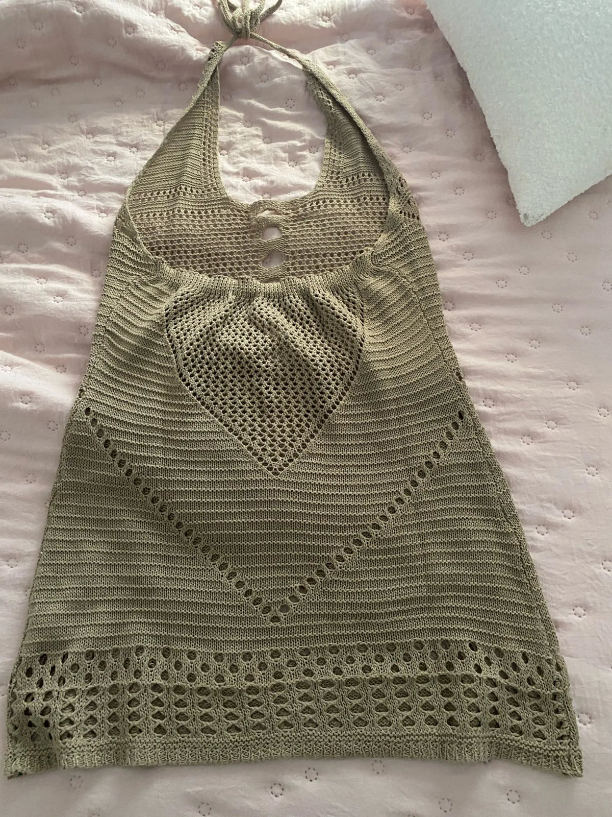 Beach Cover Up Dress Women Knitted Short Hollow Out Tie Up