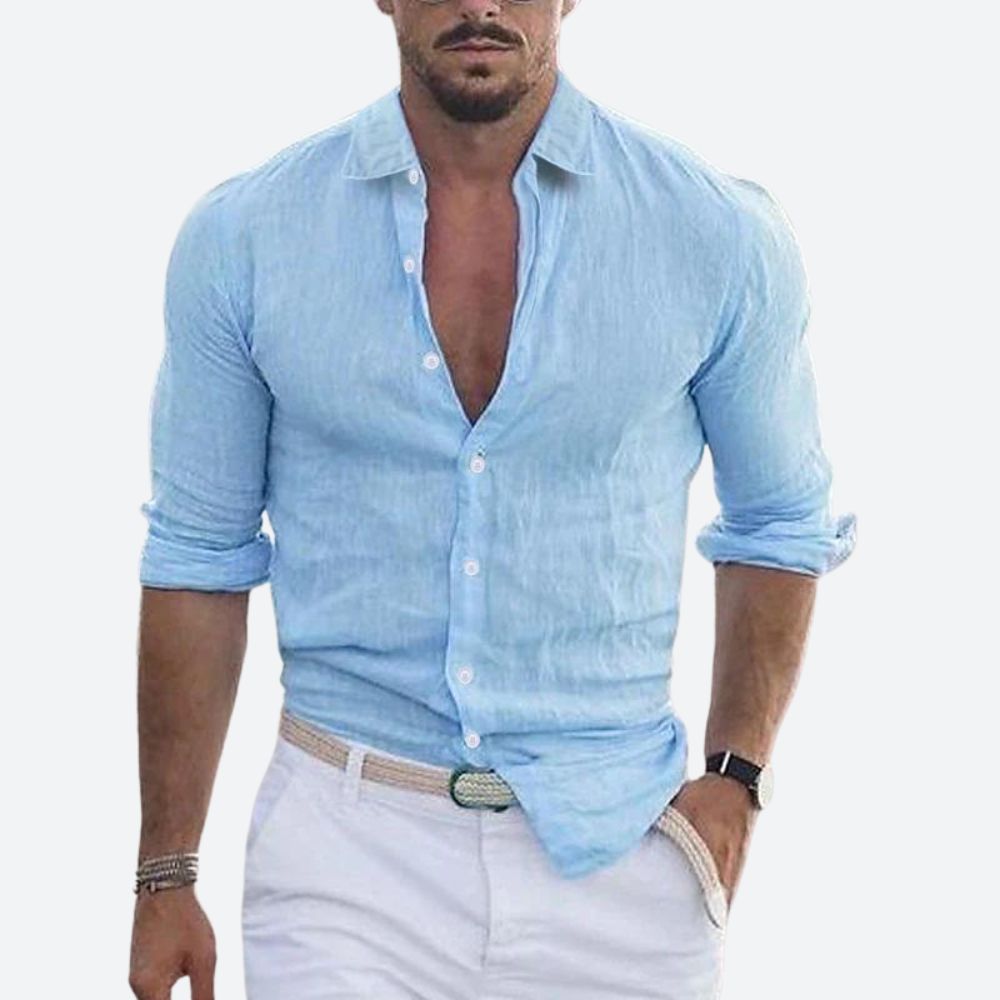 Men Linen Shirt Slim Fit Lightweight Open Collar Casual Button Up