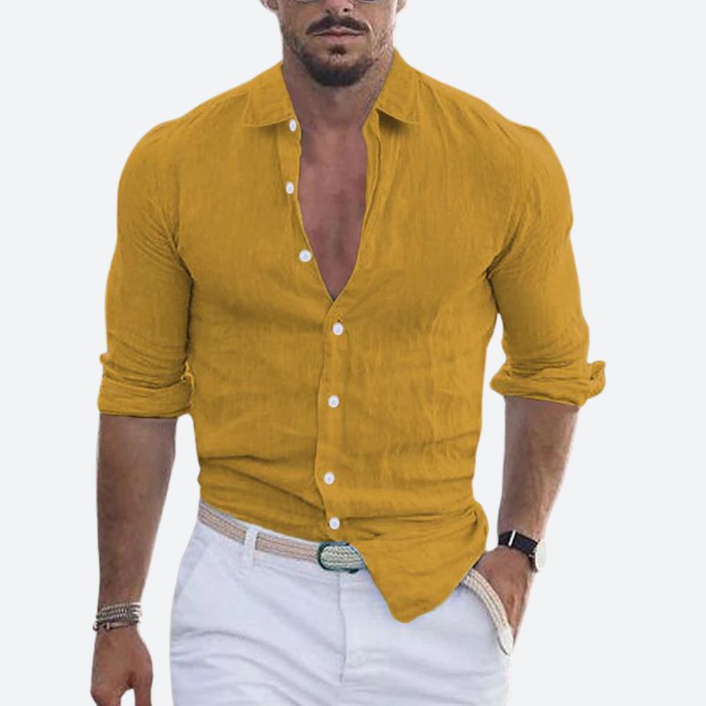 Men Linen Shirt Slim Fit Lightweight Open Collar Casual Button Up