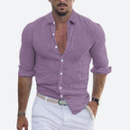 Men Linen Shirt Slim Fit Lightweight Open Collar Casual Button Up