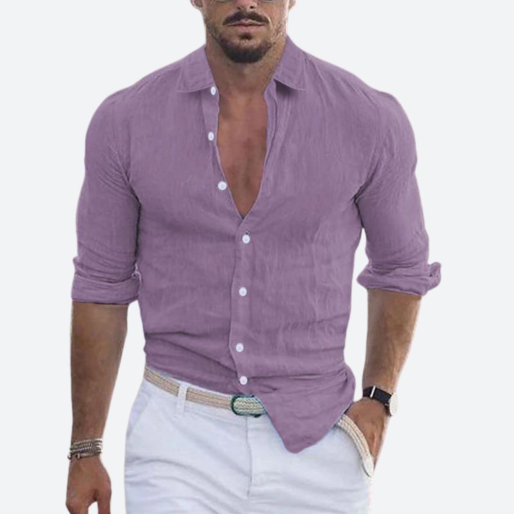 Men Linen Shirt Slim Fit Lightweight Open Collar Casual Button Up