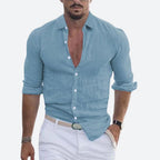 Men Linen Shirt Slim Fit Lightweight Open Collar Casual Button Up