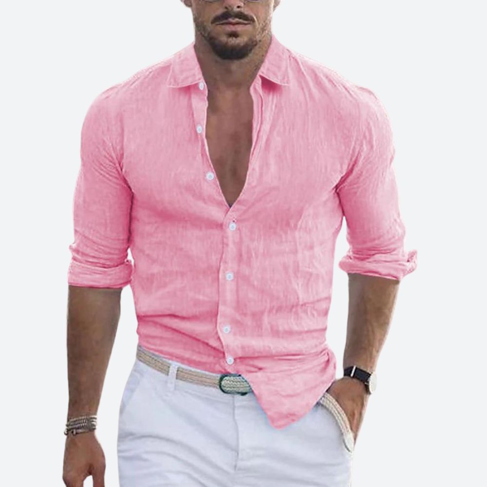 Men Linen Shirt Slim Fit Lightweight Open Collar Casual Button Up