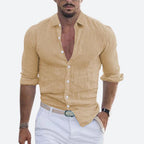 Men Linen Shirt Slim Fit Lightweight Open Collar Casual Button Up