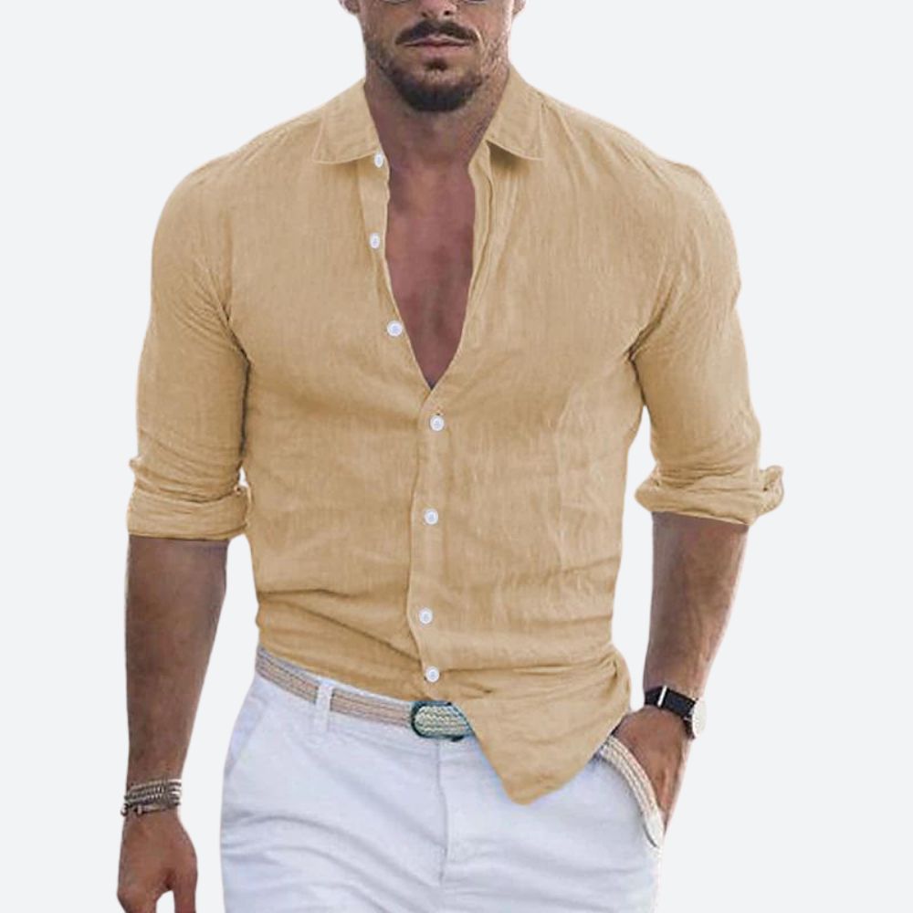 Men Linen Shirt Slim Fit Lightweight Open Collar Casual Button Up