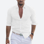 Men Linen Shirt Slim Fit Lightweight Open Collar Casual Button Up