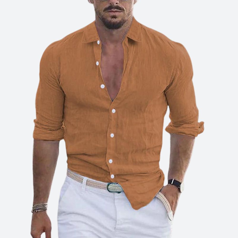 Men Linen Shirt Slim Fit Lightweight Open Collar Casual Button Up