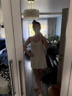 Beach Cover Up Dress Women Crochet Knit Halter Ruffle Mini Beige