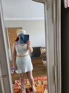 Beach Cover Up Dress Women Crochet Knit Halter Ruffle Mini Beige