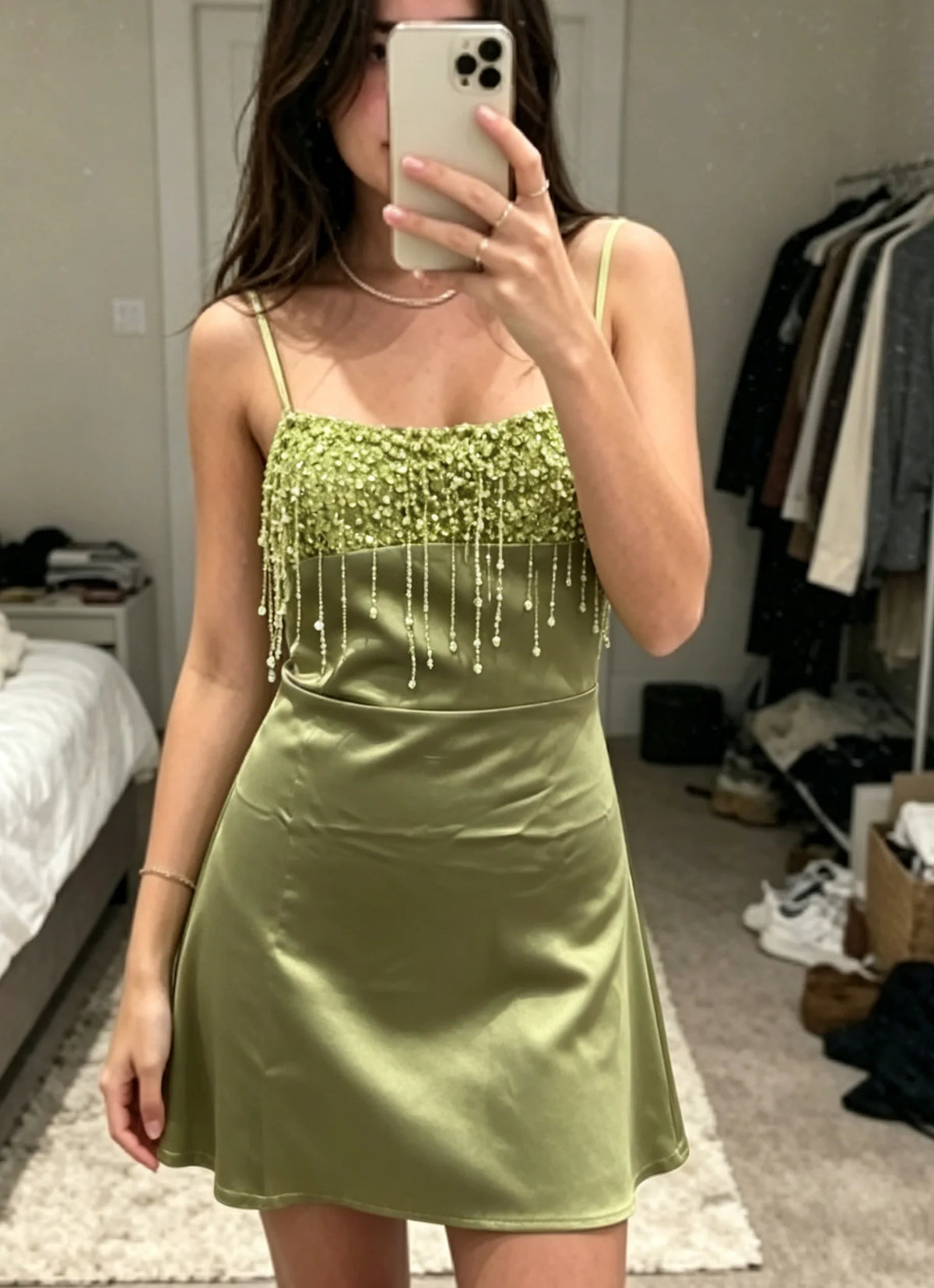 Sequin Party Dress Women Mini Tassel Spaghetti Strap Square Neck