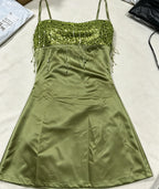 Sequin Party Dress Women Mini Tassel Spaghetti Strap Square Neck