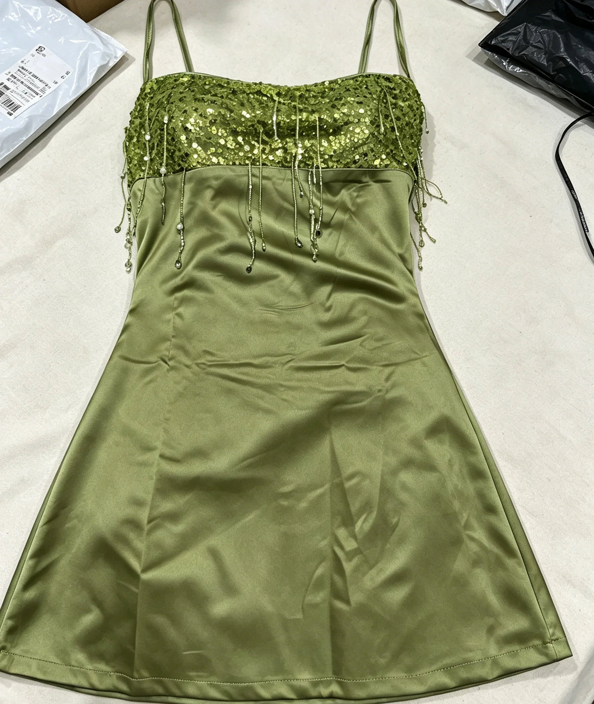 Sequin Party Dress Women Mini Tassel Spaghetti Strap Square Neck