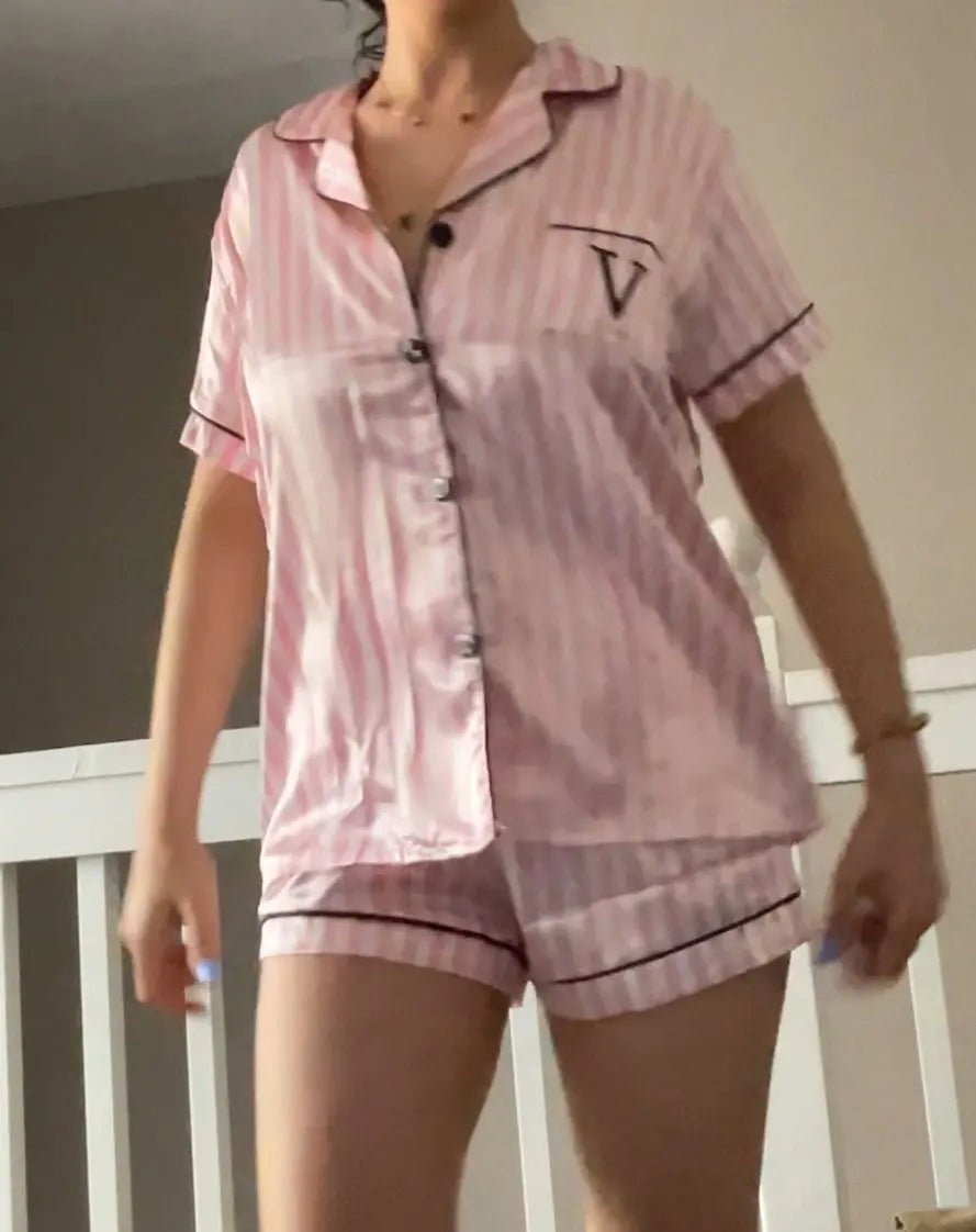 Satin Pajamas Women Short Sleeve 2 Piece Set Striped Embroidered