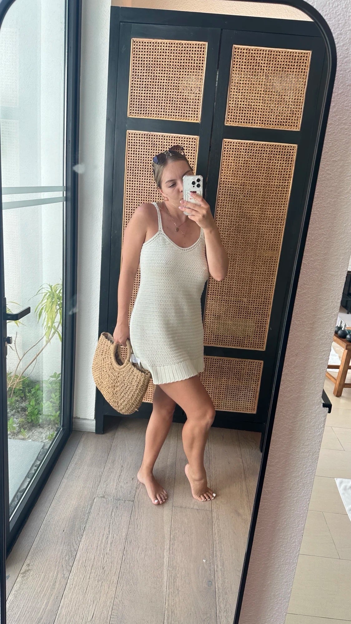 Beach Cover Up Dress Women Crochet Knit Halter Ruffle Mini Beige