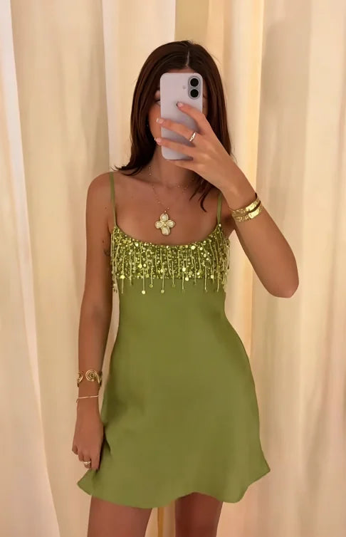Sequin Party Dress Women Mini Tassel Spaghetti Strap Square Neck