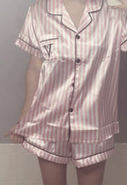 Satin Pajamas Women Short Sleeve 2 Piece Set Striped Embroidered