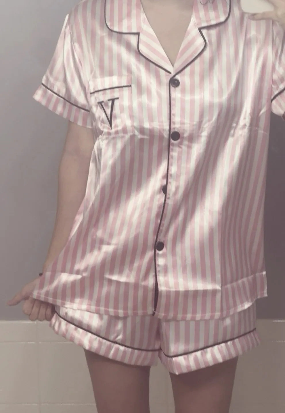 Satin Pajamas Women Short Sleeve 2 Piece Set Striped Embroidered