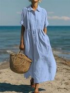 Summer Dress Women Cotton Collared Midi Button Down Shirt Dress