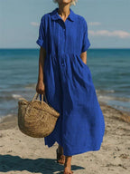 Women Linen Dress Button Front Flowy Midi | Yasmin
