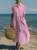 Summer Dress Women Cotton Collared Midi Button Down Shirt Dress