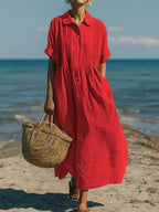 Summer Dress Women Cotton Collared Midi Button Down Shirt Dress