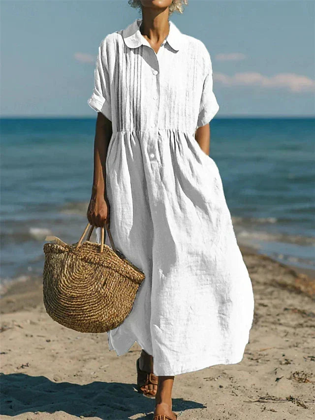 Women Linen Dress Button Front Flowy Midi | Yasmin