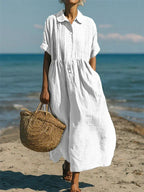 Summer Dress Women Cotton Collared Midi Button Down Shirt Dress