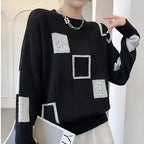 Women knit sweater geometric pattern relaxed fit round neckline