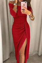 Cocktail Dress Women Off Shoulder Long Sleeve Side Split Maxi
